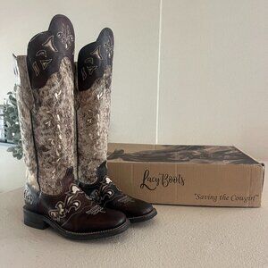 Lacy Brand Frost Style Tall Buckaroo in Lighter Brindle Hair-On Shaft, shin prot